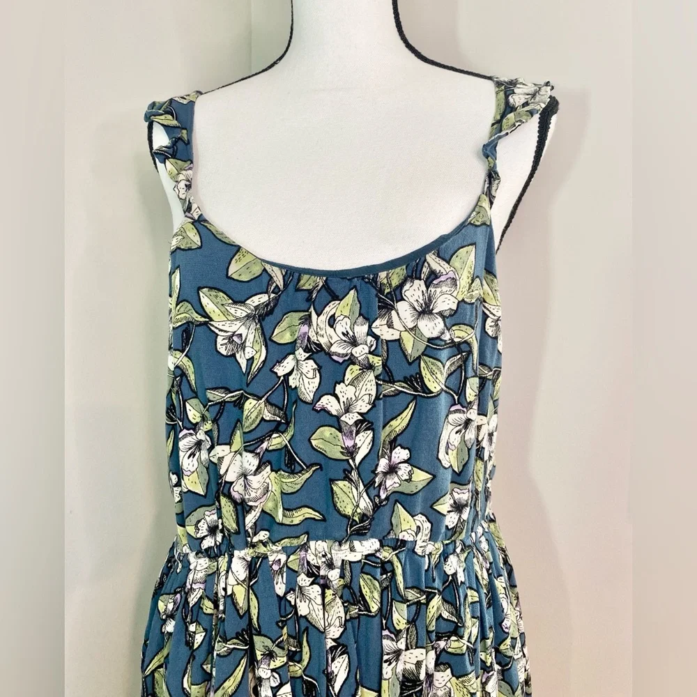 FREE PEOPLE Dear You Blue Green Floral Ruffle Flare Casual Sundress Size Medium